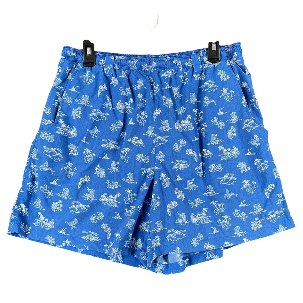 Columbia PFG Fishing Shorts Mens L Blue Tropical Marlin Print Mesh Lined Beach